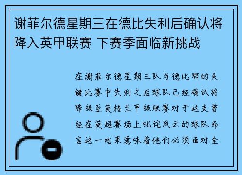 谢菲尔德星期三在德比失利后确认将降入英甲联赛 下赛季面临新挑战